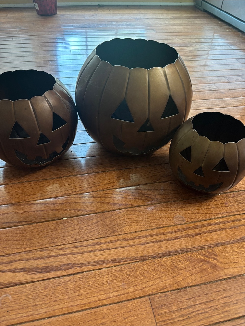 Bronze Metal Pumpkin Planter Trio - Decorative Halloween Jack-O'-Lanterns
